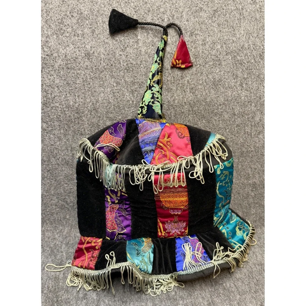 Colorful Renaissance Velvet Patchwork Jester Hat with Gold Fringe and Tassel